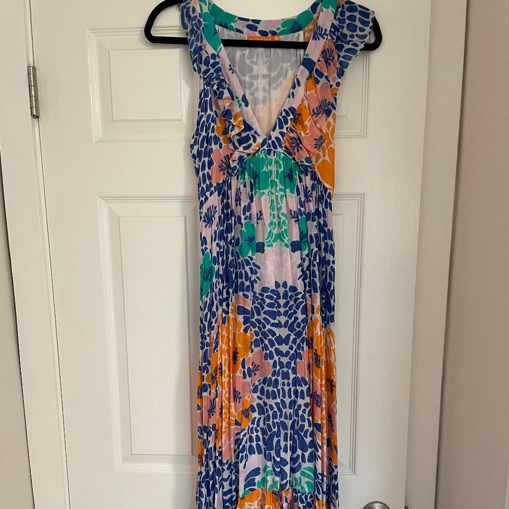 Oliphant Ruffle V-Neck Maxi-Antigua Blue sold out pattern
